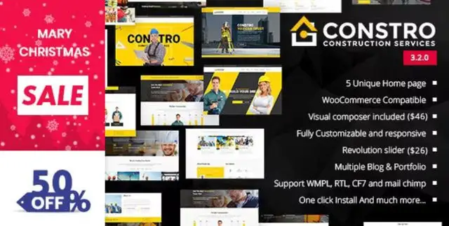 Constro construction WordPress theme preview with responsive layout and slider