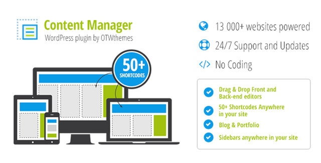 Content Manager for WordPress Plugin interface showing responsive layout builder