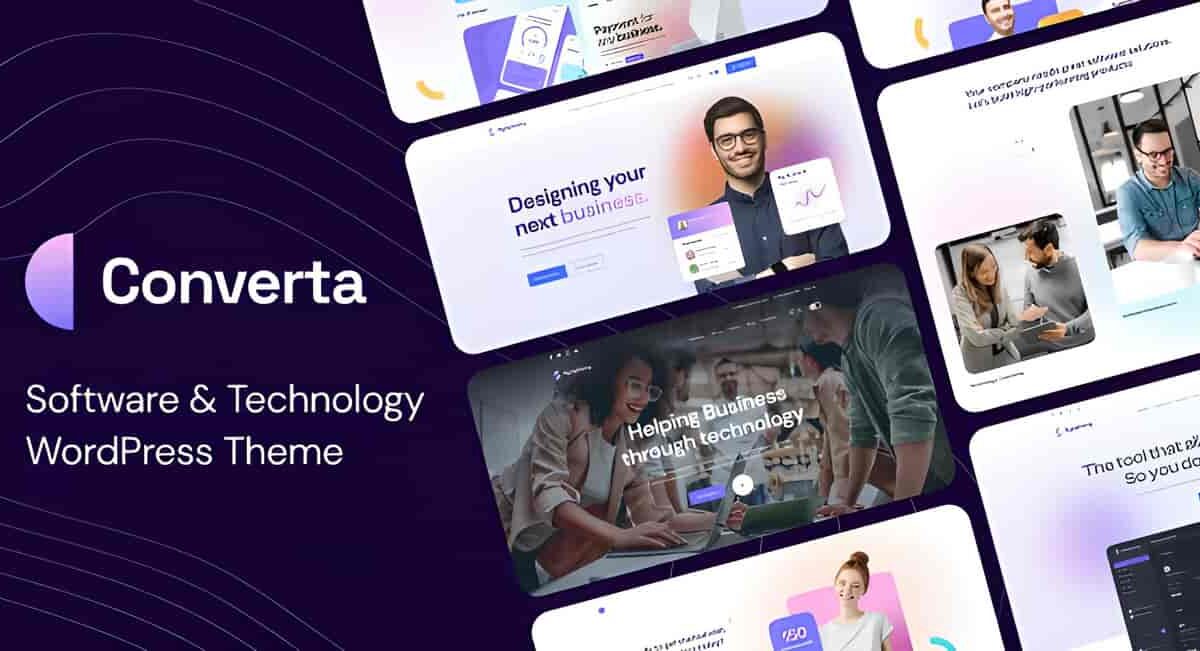 Converta software company WordPress theme homepage demo showcasing Elementor Flexbox layout for SaaS and technology businesses