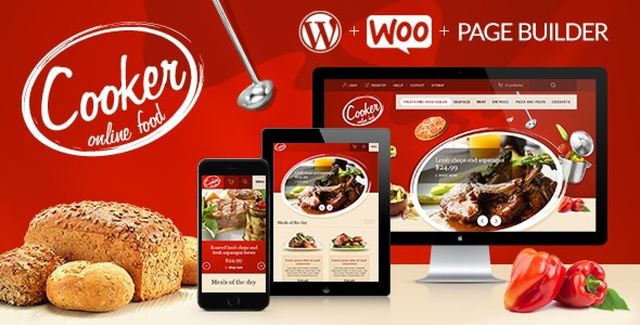 Cooker restaurant and cafe WordPress theme preview showing responsive layout and Live Composer interface