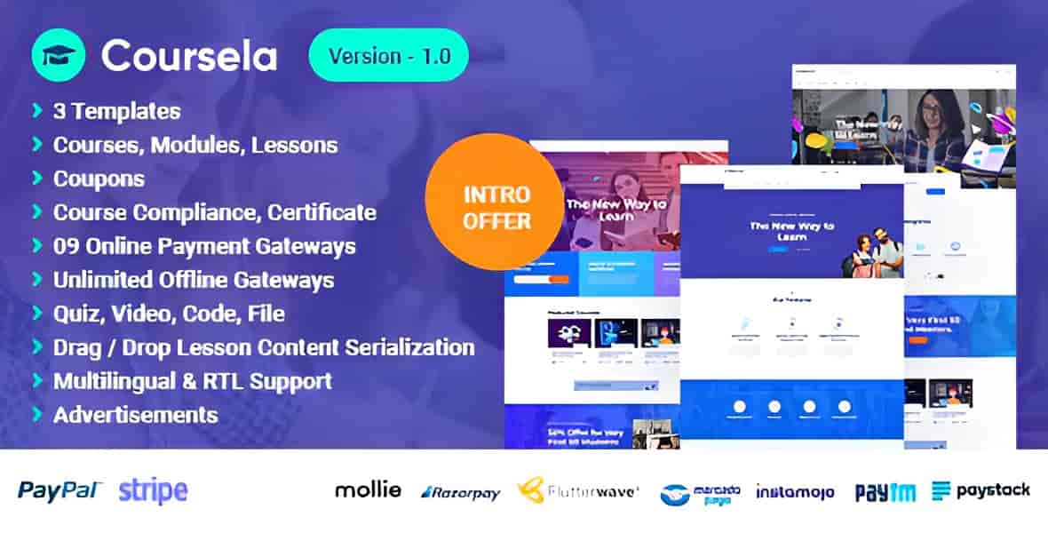 Coursela online course selling PHP script dashboard and course template preview