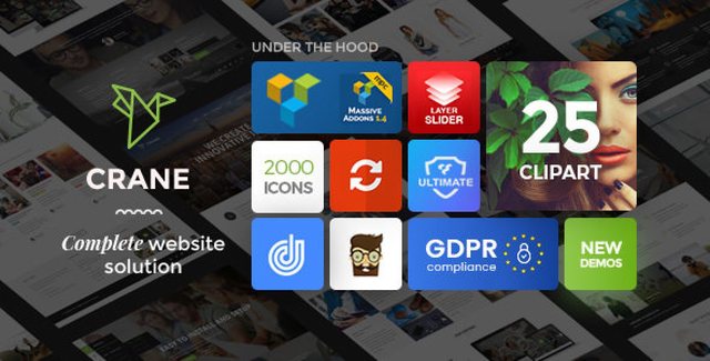 Crane multipurpose WordPress theme demo preview showing corporate and e-commerce website layouts