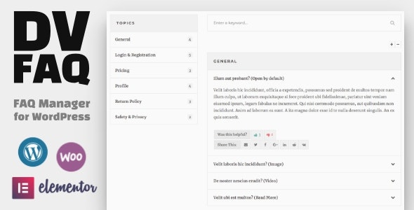 DV FAQ WordPress FAQ plugin interface showing Elementor and WooCommerce compatible FAQ management features