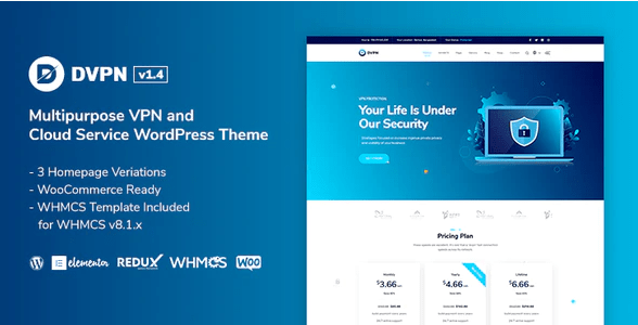 DVPN multipurpose VPN and hosting WordPress theme homepage preview
