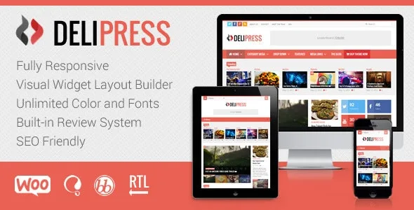 DeliPress magazine review WordPress theme preview showing responsive editorial layout