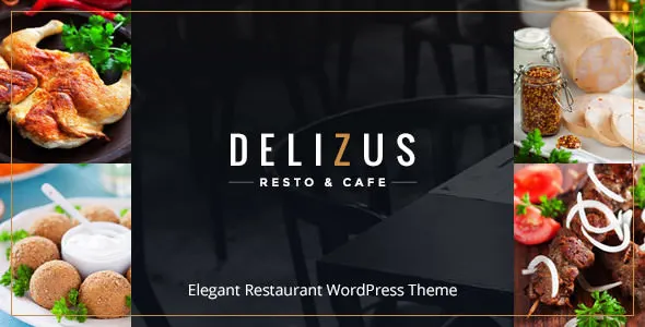 Delizus restaurant and cafe WordPress theme preview showing modern food business website design