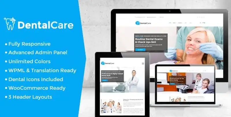 Dental Care WordPress theme homepage showing a modern dental clinic website layout