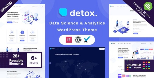 Detox data science WordPress theme preview showing modern analytics dashboard layout