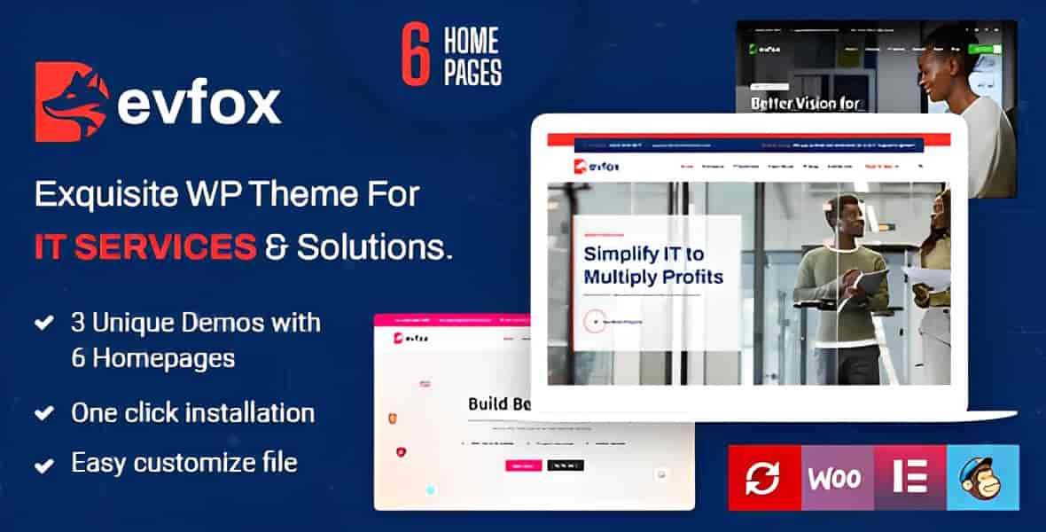 DevFox IT services WordPress theme demo showing modern technology website layout with Elementor page builder