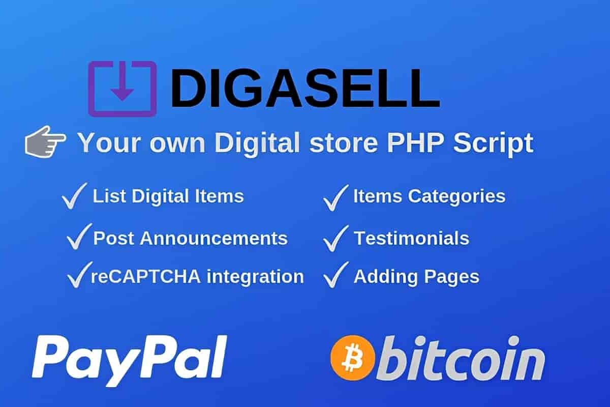DigaSell digital store PHP script interface showing product listings and payment options