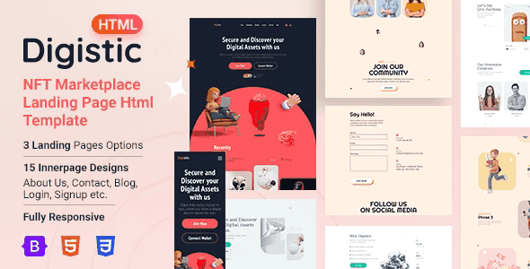 Digistic NFT Marketplace HTML Template showcasing modern landing page design with crypto and blockchain elements