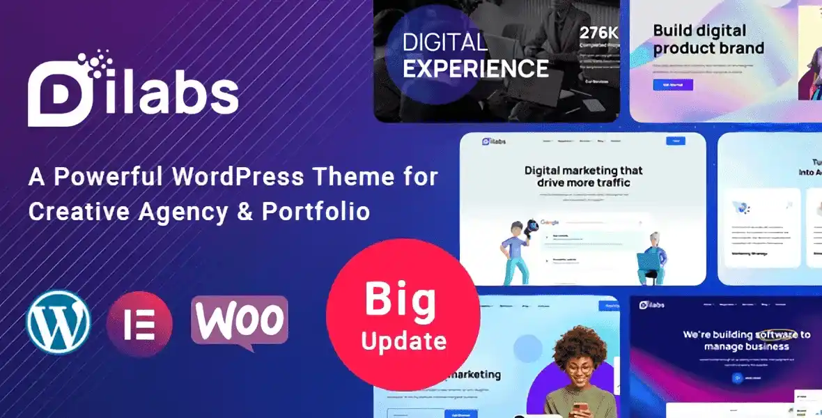 Dilabs creative agency WordPress theme homepage layout with Elementor Pro