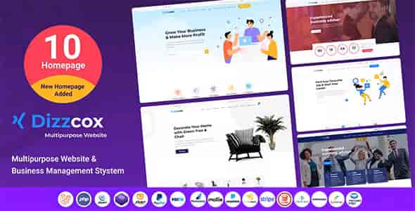 Dizzcox multipurpose business CMS PHP script interface on desktop and mobile
