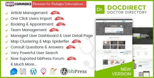 DocDirect WordPress theme screenshot showing healthcare directory layout