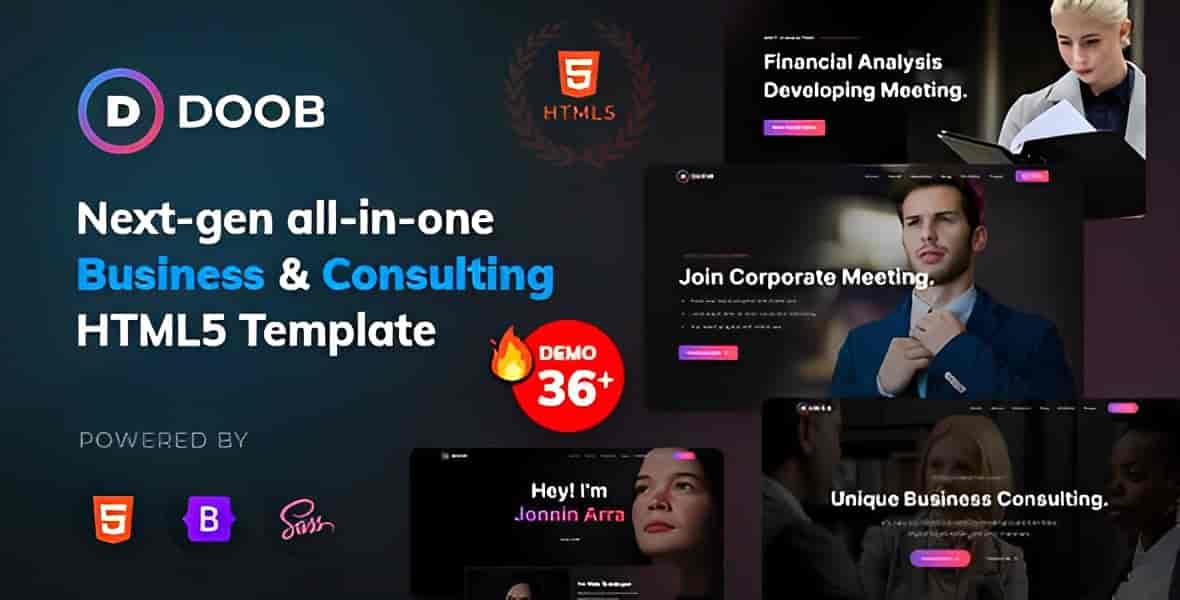 Doob Bootstrap 5 business and consulting HTML template preview showcasing modern professional website layouts