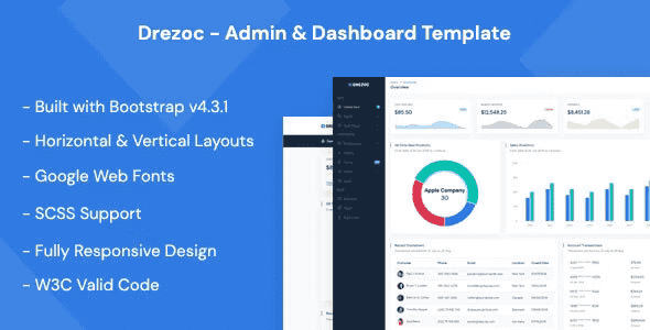 Drezoc admin dashboard template HTML with Bootstrap 4 responsive interface and Elementor PRO