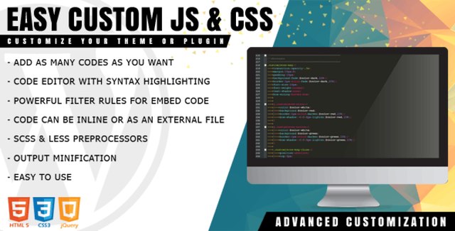 Easy Custom JS and CSS WordPress plugin interface showing code editor