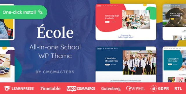 École Education and School WordPress Theme demo layout showcasing modern education website design with course listings and event calendar