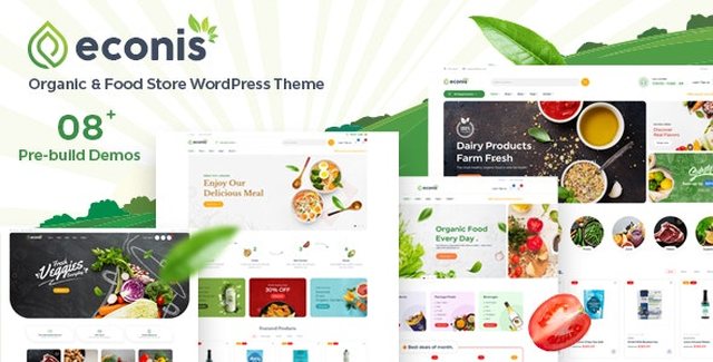 Econis organic food store WordPress theme preview showing product categories and special highlights