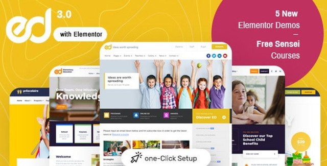 Ed School education WordPress theme showcasing a modern school website layout with teacher profiles and event calendar