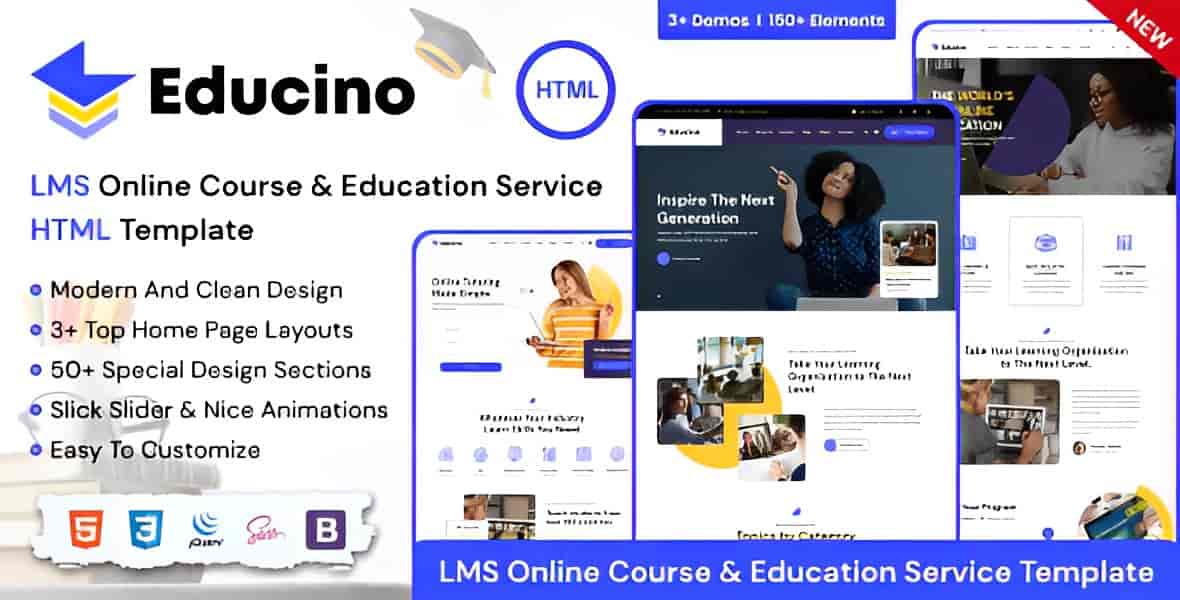 Educino LMS and online course HTML template showing responsive educational website layout