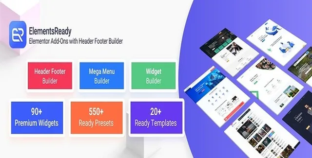 Elements Ready Elementor Addons dashboard showing widget library and template sections
