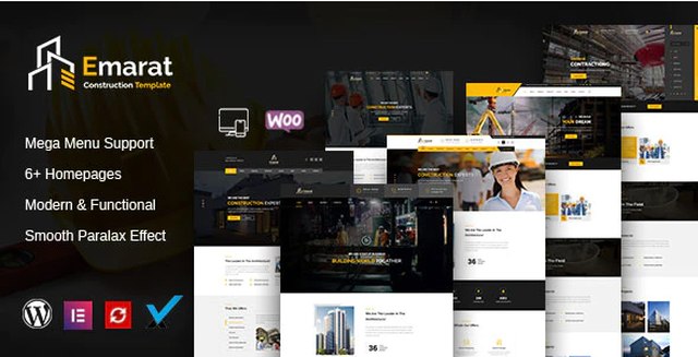 Emarat Construction WordPress Theme demo showing modern building website layout