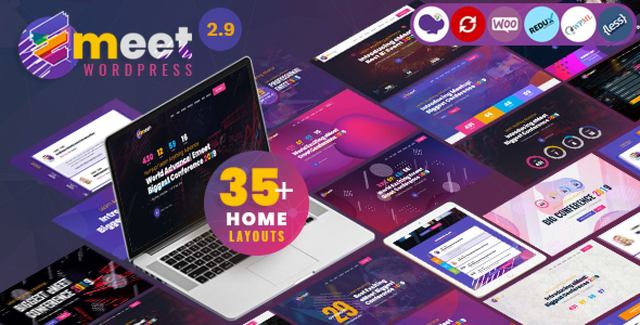 Emeet WordPress theme homepage showing conference event layout with speaker schedule and registration section