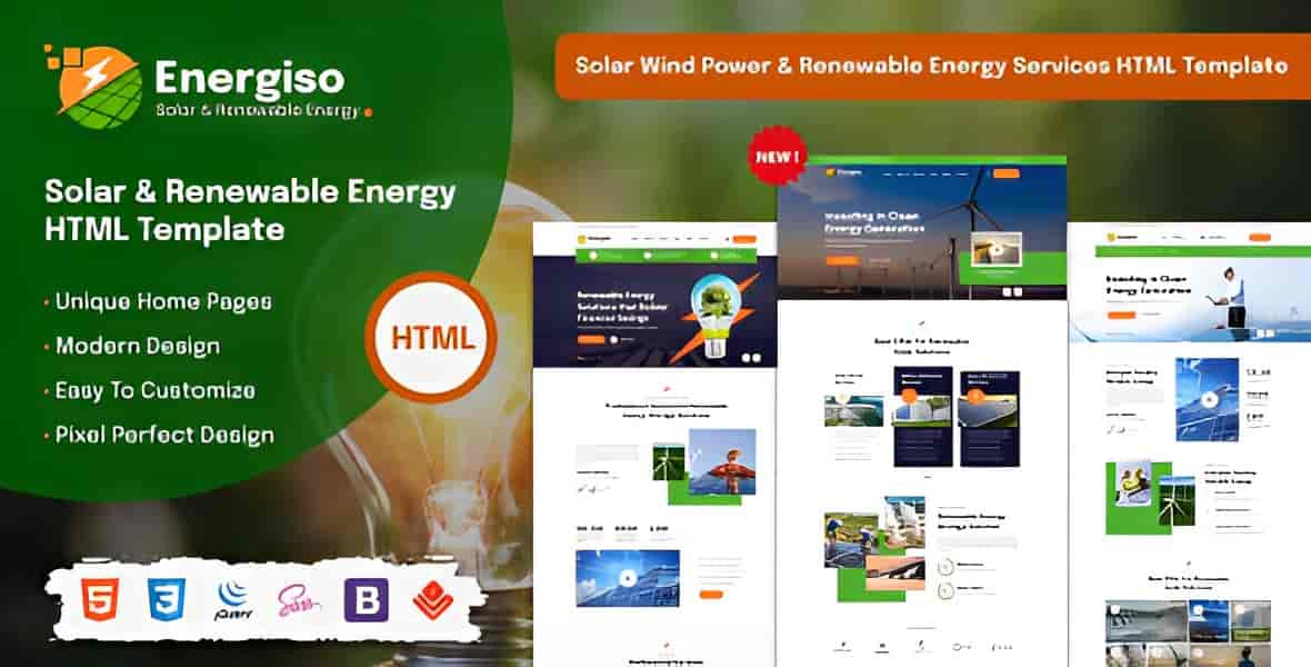Energiso solar and renewable energy HTML template preview showing modern industrial website design
