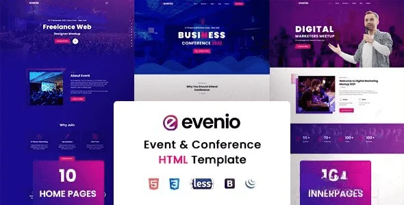 Evenio event and conference HTML template homepage preview with Elementor PRO layouts