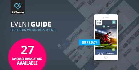 Event Guide WordPress theme preview showing event directory listing layout