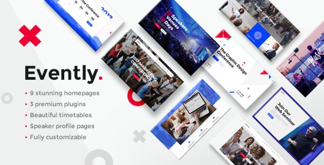 Evently event and conference WordPress theme homepage design with speaker showcase and event schedule layout