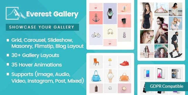 Everest Gallery responsive WordPress gallery plugin interface with multiple layout options