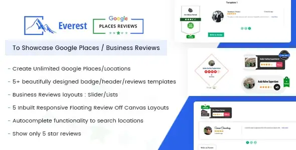 Everest Google Places Reviews WordPress plugin interface showing business review display templates