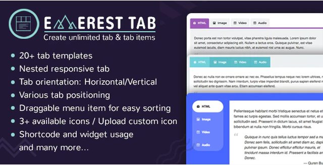 Everest Tab responsive WordPress tab plugin interface showing multiple tab layouts