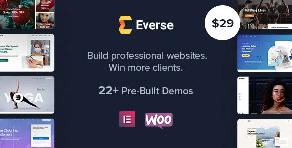 Everse WordPress theme dashboard showing Elementor editor with corporate demo site preview