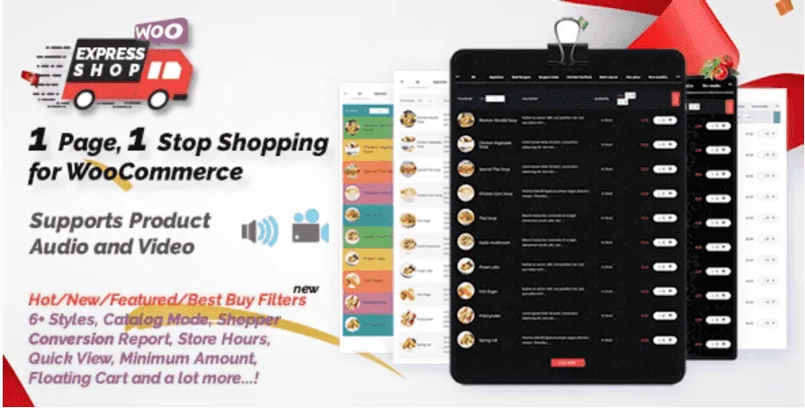 Express Shop WooCommerce product table with audio and video columns displaying products in a one-page catalog layout