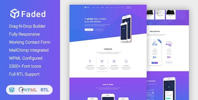 Faded responsive app landing page WordPress theme demo