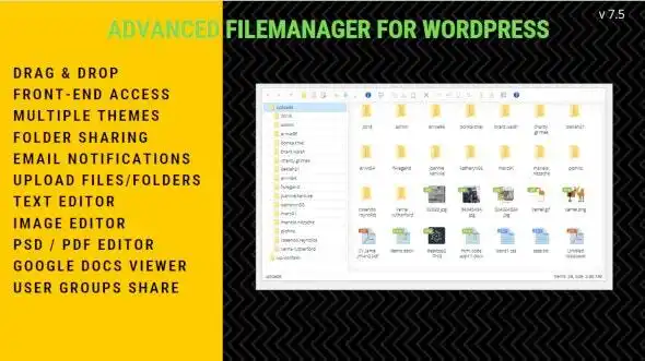 WordPress file manager plugin interface showing drag-and-drop file management with permission controls