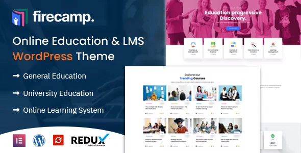 Firecamp Education WordPress Theme demo showing modern course layouts and Elementor interface