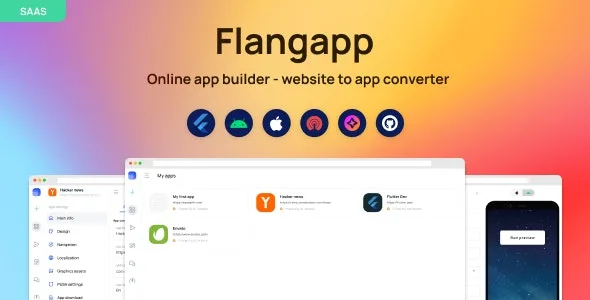 Flangapp website to app builder interface showing white label mobile app creation