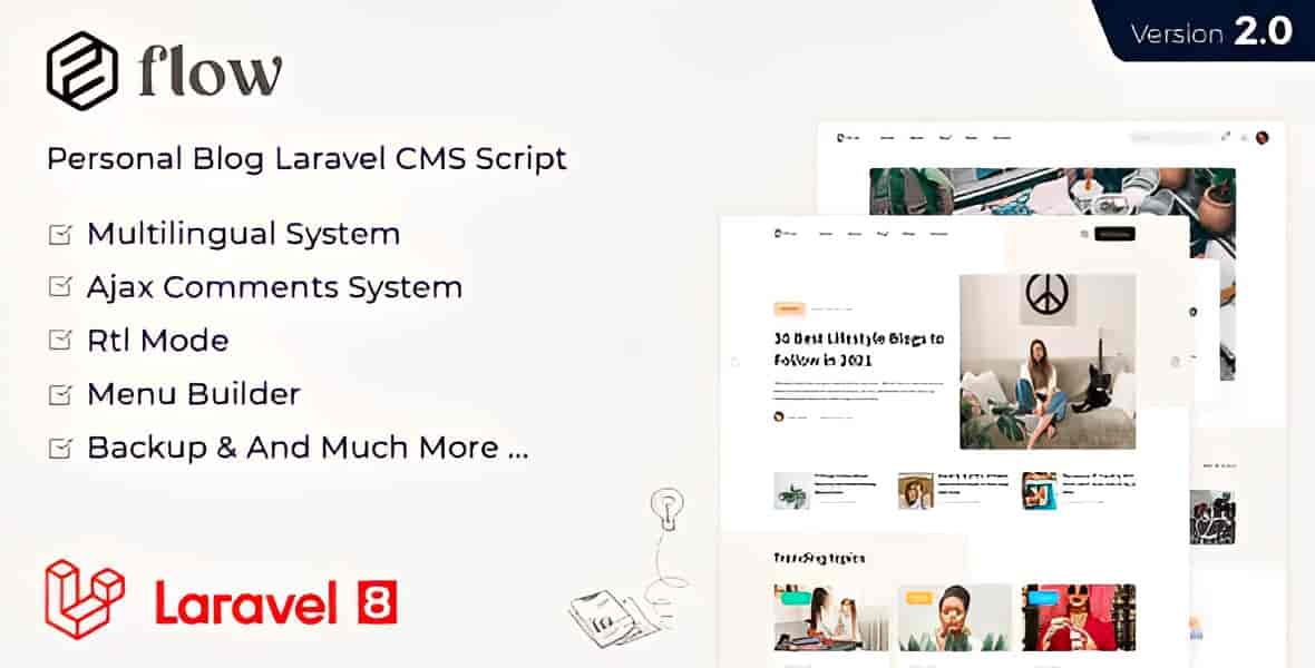Flow Laravel multilingual personal blog script with clean minimal design and Elementor PRO templates