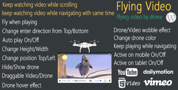 Floating Video WordPress plugin screenshot showing a draggable picture-in-picture video player pinned to the bottom-right corner of a webpage while the user scrolls content