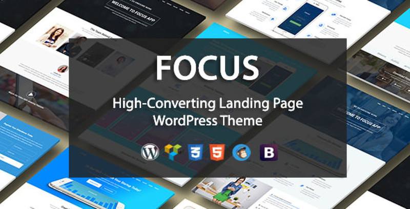 Focus High WordPress theme homepage demo showing hero section with app mockup and call-to-action buttons