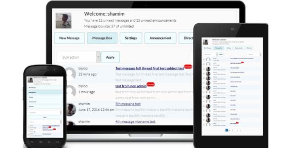 Front End PM Pro WordPress plugin interface showing private messaging