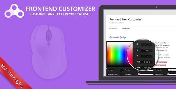 Frontend Text Customizer WordPress plugin toolbar open on a live site showing font family dropdown, color picker, and size slider
