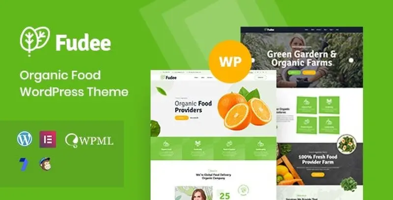Fudee organic food WordPress theme website preview on desktop and mobile devices
