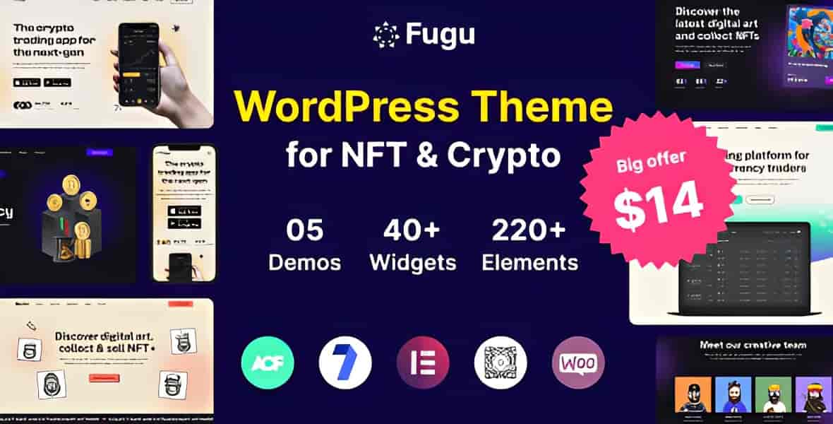 Fugu NFT and Crypto WordPress theme showcasing a modern clean design for blockchain and digital projects