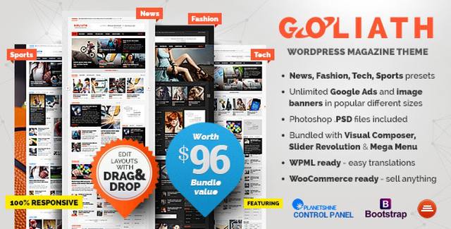 Goliath WordPress News and Reviews Magazine Theme dashboard with built-in rating system and ad management tools