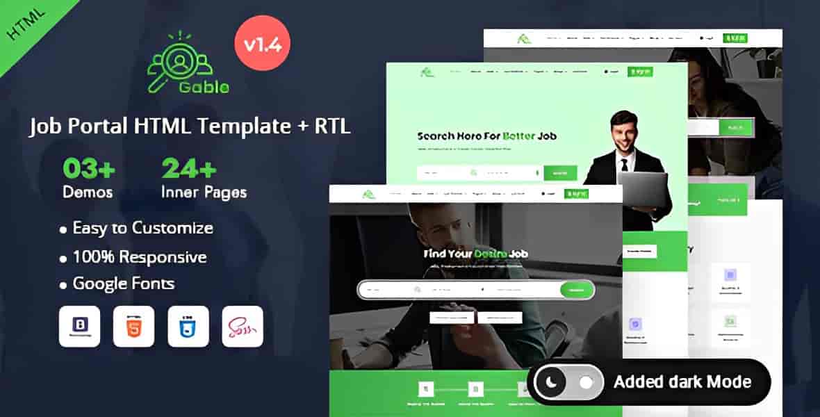 Gable job portal HTML template preview showing responsive recruitment website layout with Bootstrap 5 and RTL support